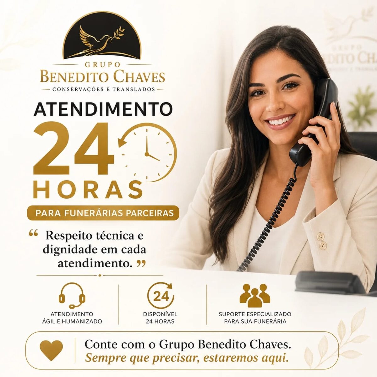Peça do Grupo Benedito Chaves anunciando atendimento 24 horas para funerárias parceiras.