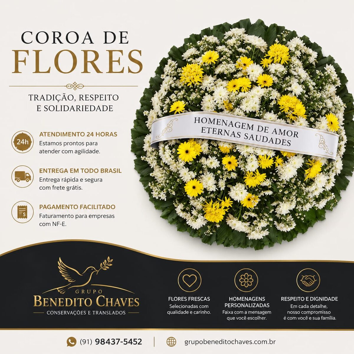 Coroa de flores frescas brancas e amarelas com faixa personalizada, do Grupo Benedito Chaves.