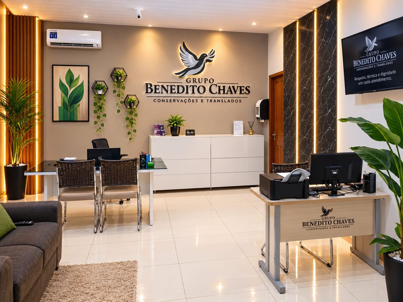 Recepção do Grupo Benedito Chaves, com a marca em relevo na parede e lugares para a família aguardar.